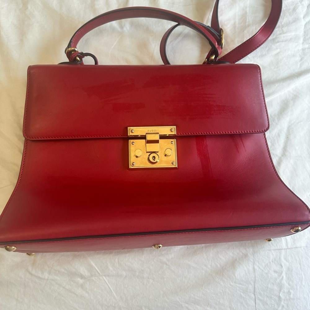 Gucci Red Leather Structured Satchel with Gold-Tone Hardware